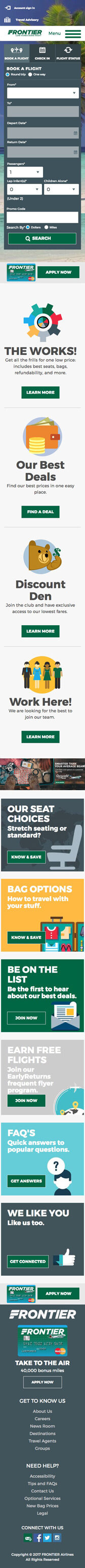 Website developed for Frontier Airlines at phone screen width